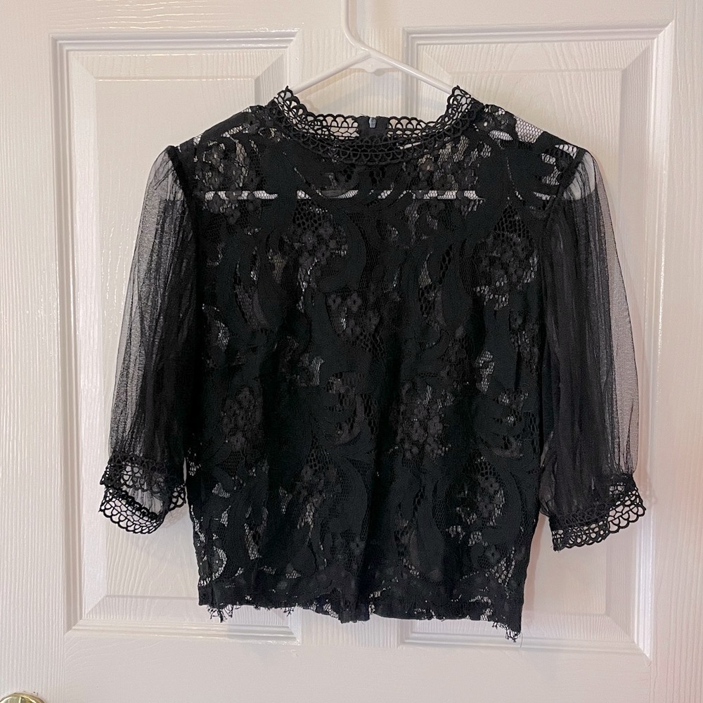 Peach blouse coverlet zipper black lace puff half sleeves sexy fun like new - Picture 1 of 13